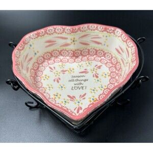 Temptations Pink Print Ceramic Heart Ovenware with Black Wire Heart Basket
